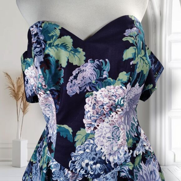 Vintage 90s Peplum Midi Dress Size 10 Blue Garden Party Off the Shoulder - Picture 2 of 16